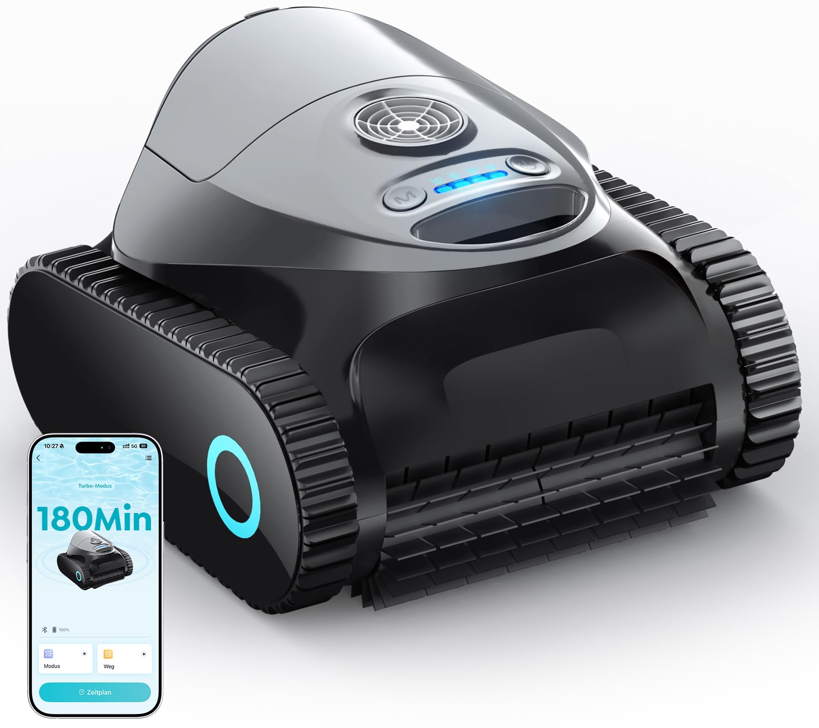 C1 Poolroboter Akku Boden und Wand, Wasserlinie, Doppelfilter, 7 Reinigungsmodi, 180 Minuten Laufzeit, Poolreiniger mit App, Starker Poolsuager Akku für Pools bis zu 150 m², Grau