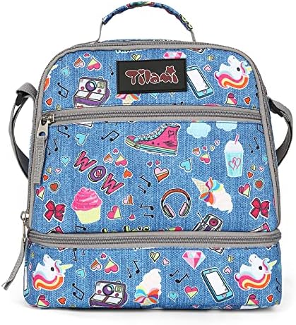Tilami Lunch Bags Insulated Adjustable Strap Zipper, Water-Resistant Cooler Bags, Bento Bags for Kids Toddlers (Blue Jeans)