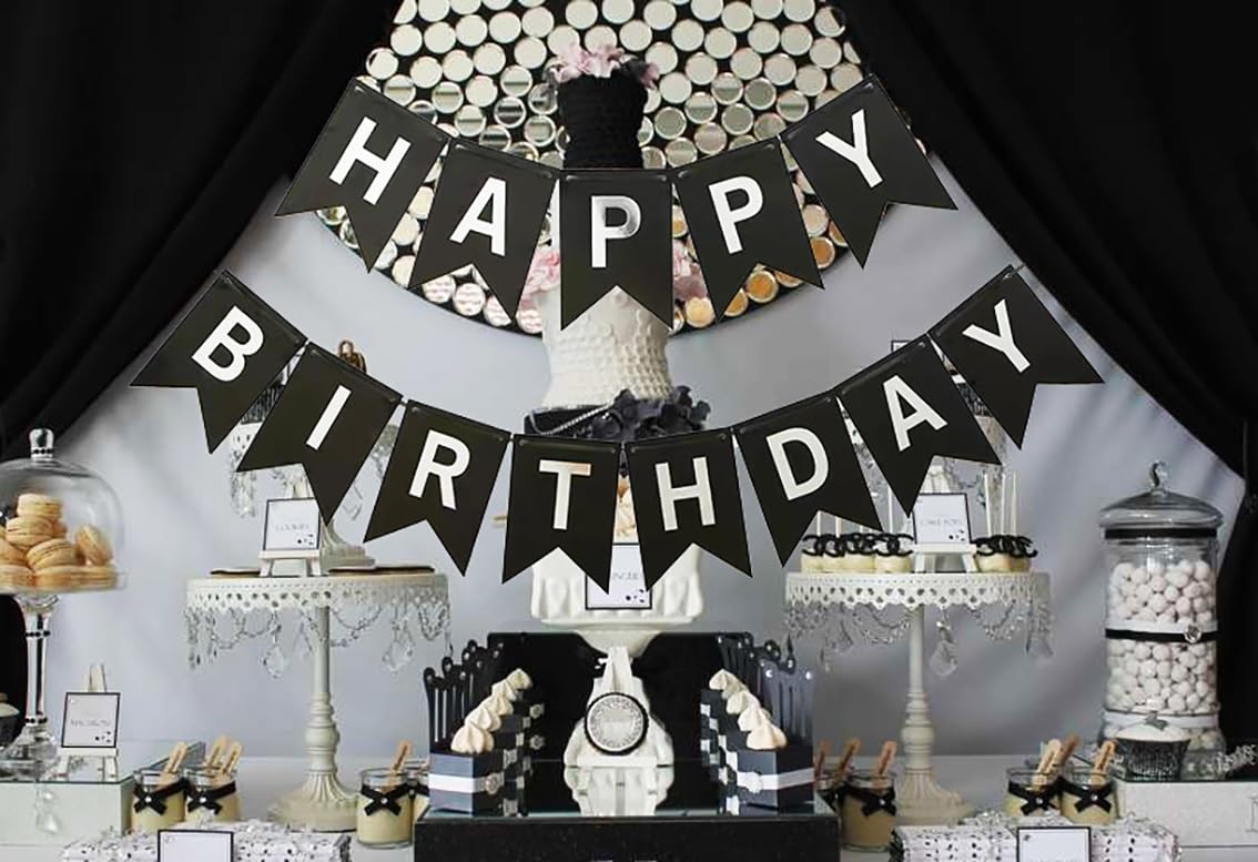 Runhiskii Cartel de feliz cumpleaños negro, letrero de feliz cumpleaños duradero con letras blancas plateadas para decoraciones de fiesta de cumpleaños