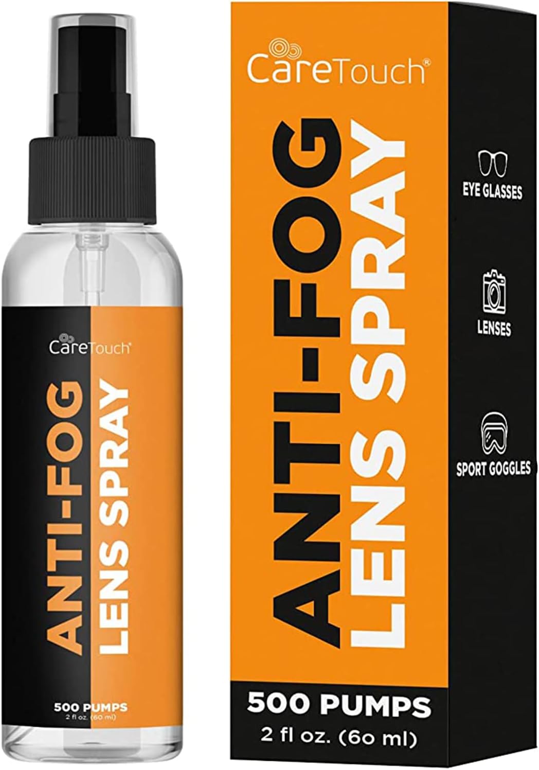 Care Touch Anti Fog Lens Spray, 60ml of Anti Fog Spray for Glasses - Sprays Up To 500 Pumps โ Camera Lenses and Eye Glass Cleaners Spray - Lens Cleaner Spray