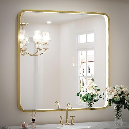 Espejos de baño LED de 36 x 36 pulgadas, espejo iluminado regulable con marco dorado para pared, espejo de tocador de baño con luces, diseño