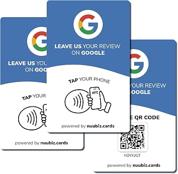 Review Tap Card 3 pack by NUUBIZ - Enable NFC & QR Code Sign - All Phones Compatible - For All Businesses to Boost Reviews - Promote Your Brand - Blue 3