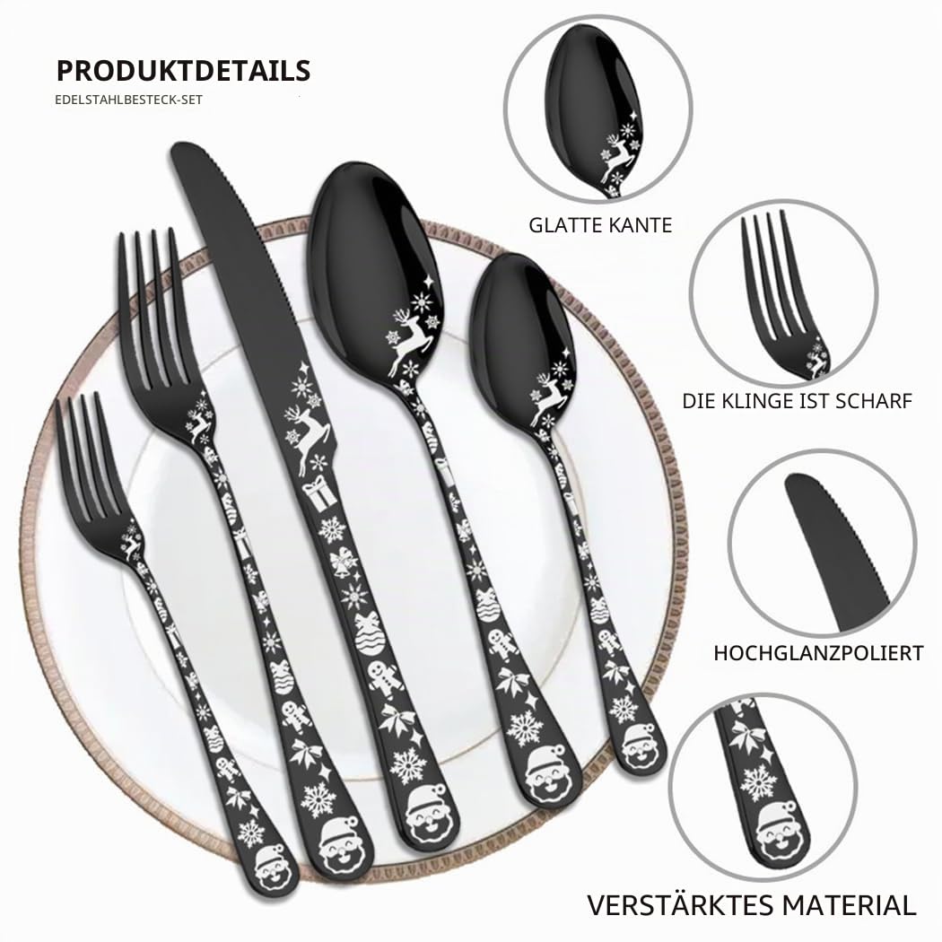 XIAOYU 40-teiliges Weihnachtsbesteck Set für 8, Edelstahl Besteck Set, Schneeflocken Weihnachtsmann Elch Muster Design, Geschirr Geschirr für Küche Restaurant, spülmaschinenfest, Silber