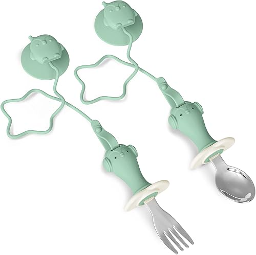CAROMOLLY Utensilios para niños pequeños, juego de tenedor y cuchara de acero inoxidable con succión y cadena anticaída, utensilios para bebé con