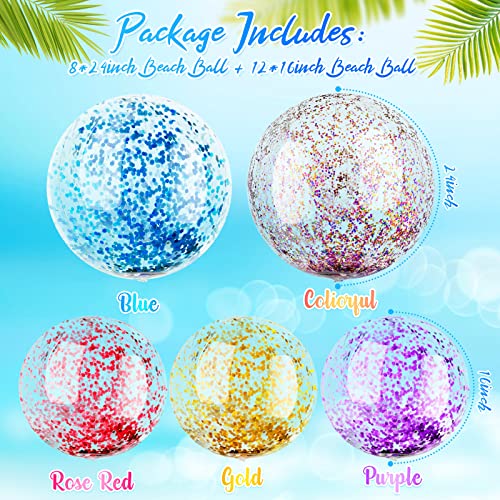 20 Pcs Inflatable Glitter Beach Ball 24 Inch 16 Inch Clear Beach Ball Blow Up Pool Balls Large Beach Ball Swimming Pool Water Beach Toys For Kids Adults Outdoor Summer Birthday Party Favors, 5 Colors #TOP1