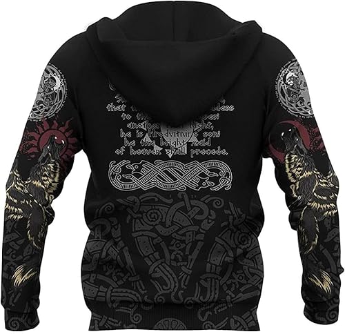 Miniatura 3 de Sudaderas con capucha de lobo vikingo para hombre, con estampado de lobo nórdico Fenrir con cremallera, sudadera casual atlética con capucha para