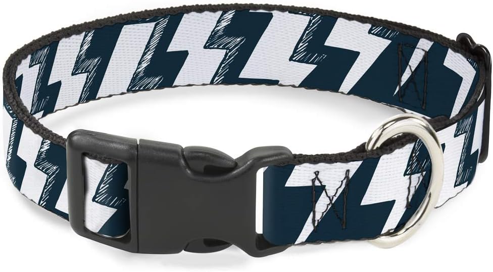 Buckle-Down Plastic Clip Collar - Lightning Bolts Sketch Navy/White - 1.5" Wide - Fits 13-18" Neck - Small