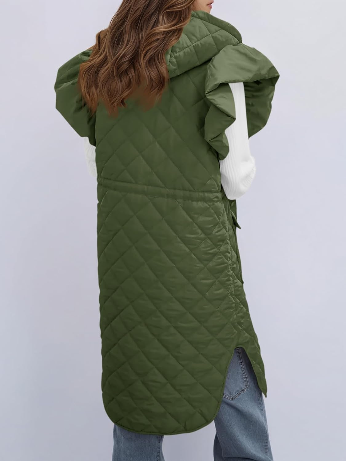 Tankaneo Womens Long Puffer Vest Ruffle Sleeve Winter Coats Hood Sleeveless Quilted Jackets Outwear - Image 3