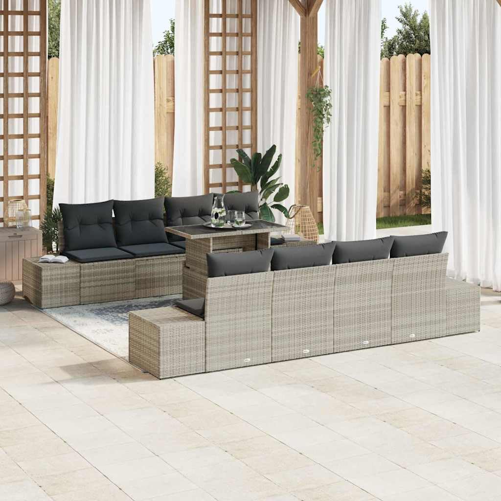 Set di divani da giardino modulari, 9 pezzi, in polyrattan, grigio