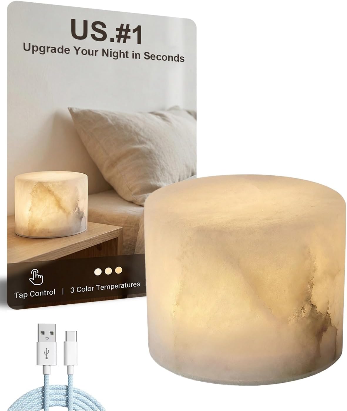 Marble Touch Light Onyx Stone Eye-Caring Type-C Dimmable Desk LED Bedside Table Lamp with Unique Peach Jade Texture Rechargeable Small Ambient Tap Night Lights Cordless for Bedroom Decor