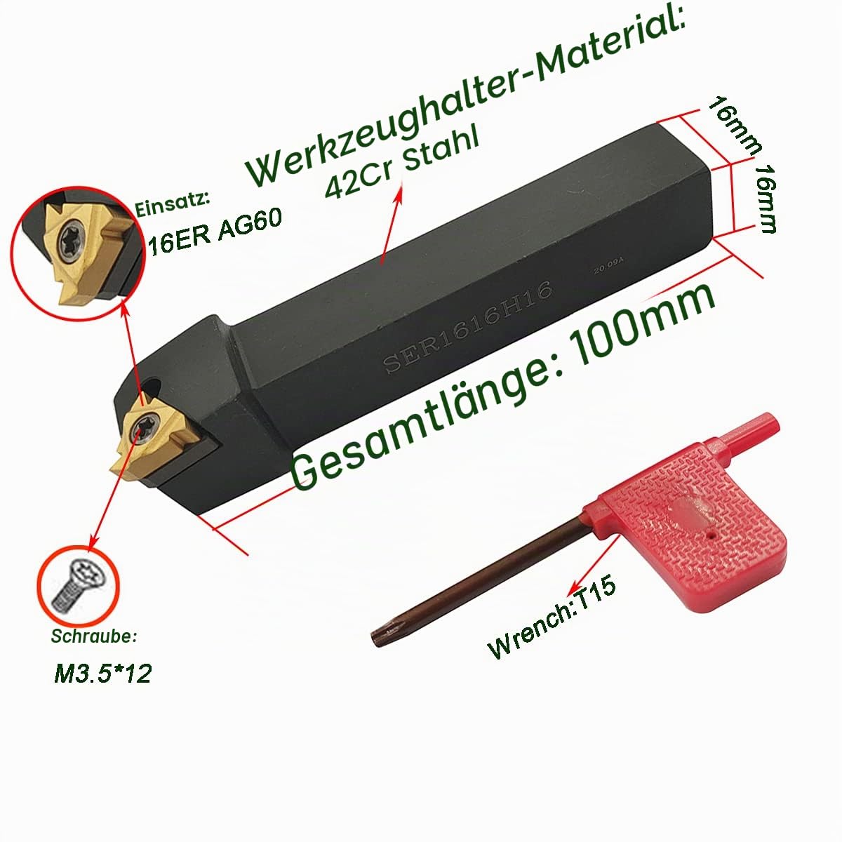 Bohrstange SNR0013M16+SER1616H16 Drehmaschinen-Innengewindeeinsätze, Drehwerkzeughalter mit 5 Stück 16ER AG60+5 Stück 16IR AG60 Hartmetalldreheinsätzen.