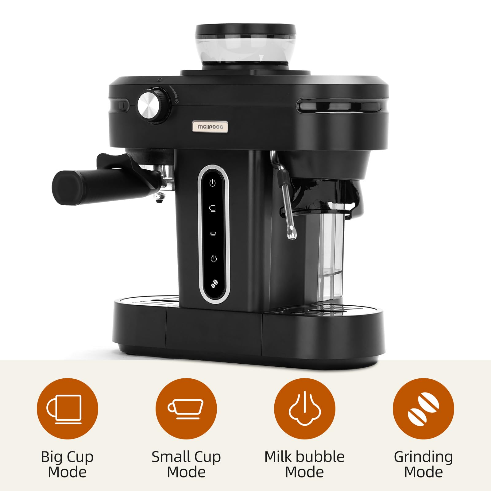 Mcilpoog AC510 Macchina da Espresso Semi Automatica 15Bar con Macinacaffè e Canna del Vapore, Macchina da Caffè Espresso 3-in-1 Compatta con Serbatoio Acqua Rimovibile da 800 ml per Cappuccino o Latte
