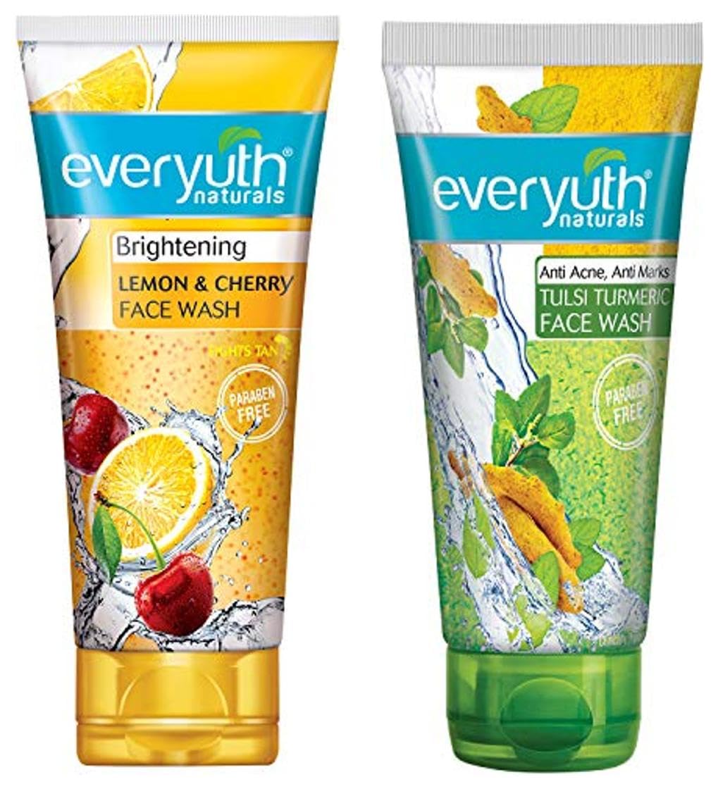 Everyuth Naturals Brightening Lemon & Cherry Face Wash, 150gm, Tube & Everyuth Naturals Anti Acne, Anti Marks Tulsi Turmeric Face Wash, 150gm, Tube