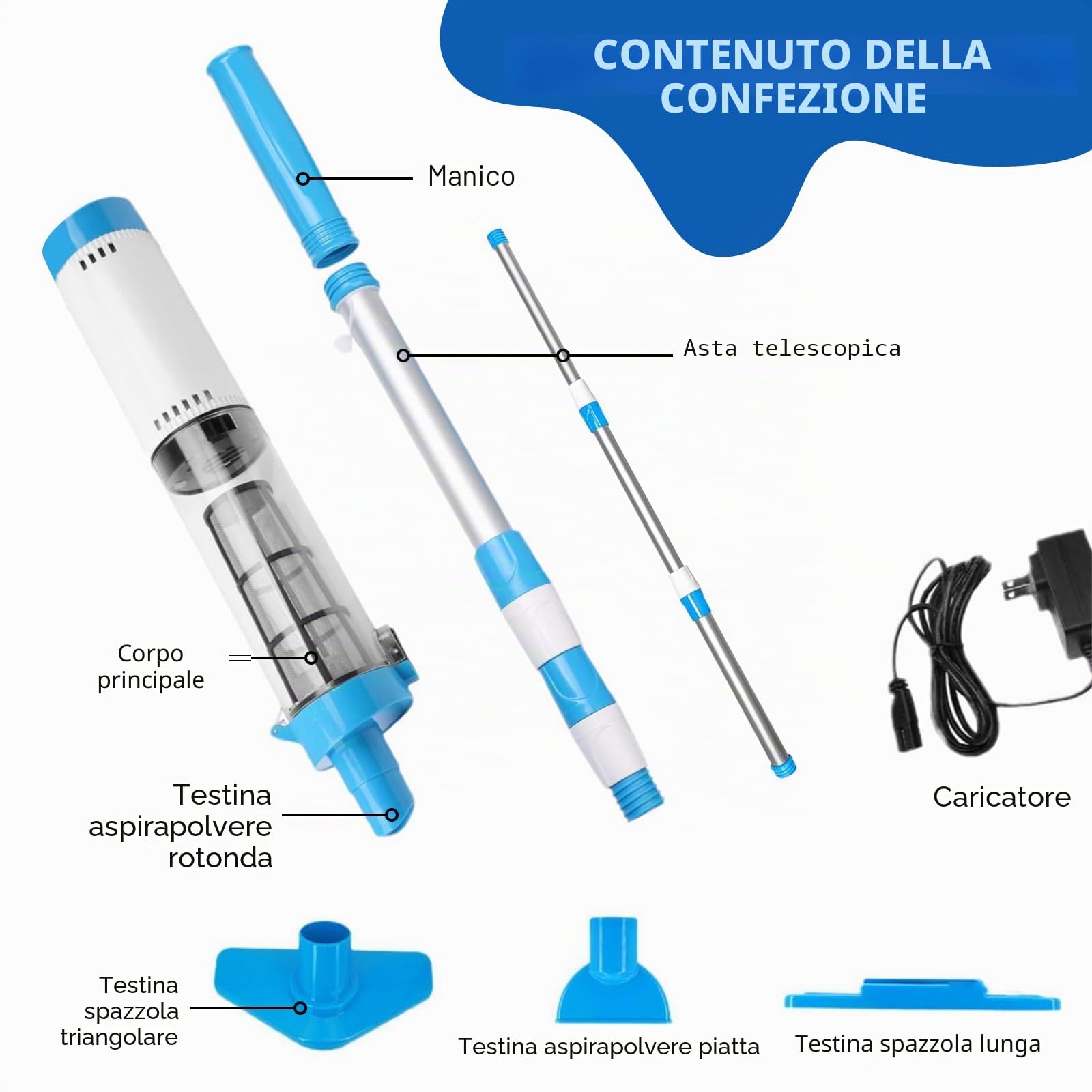 Aspirapolvere per Piscina 3 in 1 con Batteria Senza Fili | Asta Telescopica, Autonomia fino a 90 Minuti, Con Filtro, Per Spa, Vasche Idromassaggio, Piccole