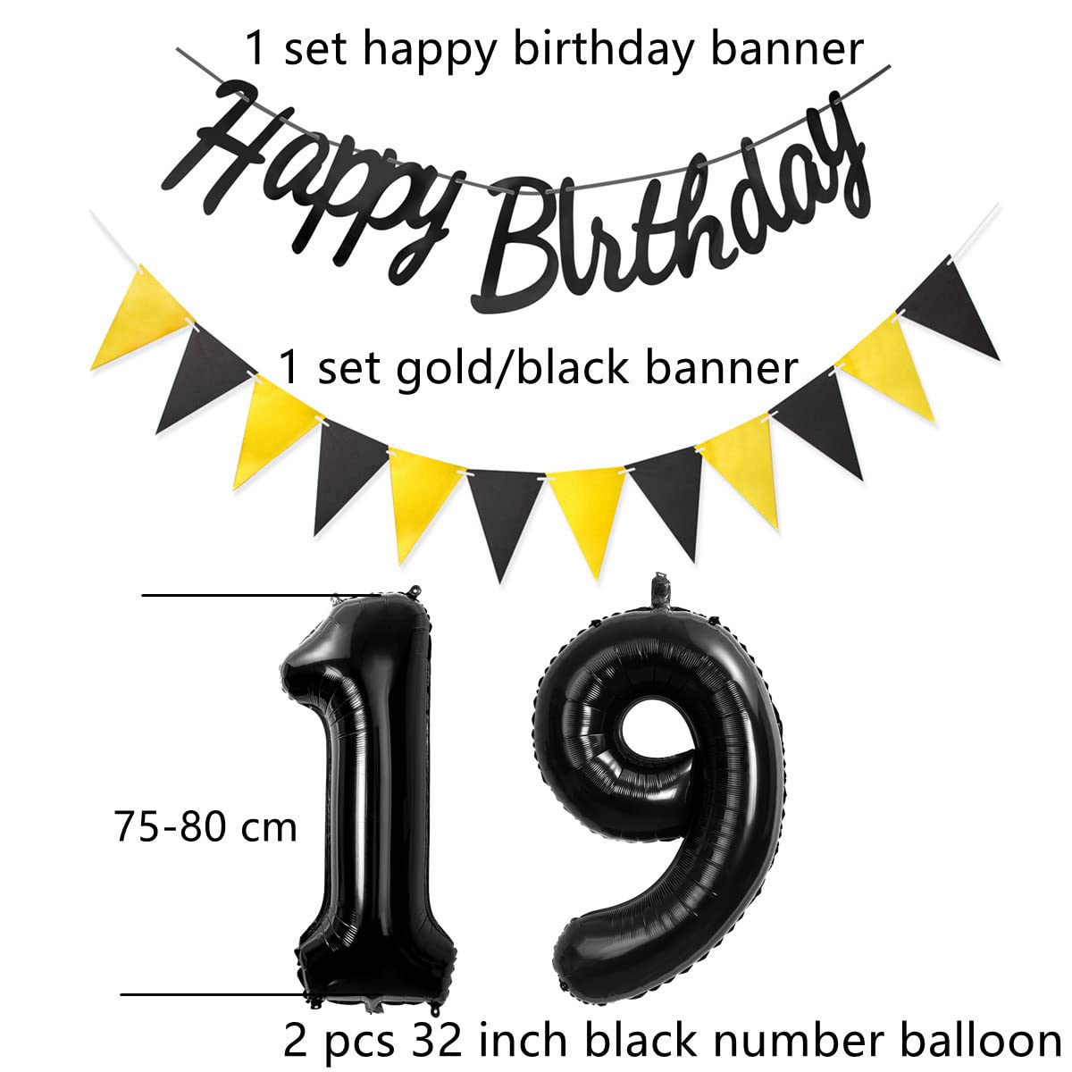 Palloncini Per 19° Compleanno: Set Nero/Oro Con Numero 19, Striscione E Palloncini A Stella
