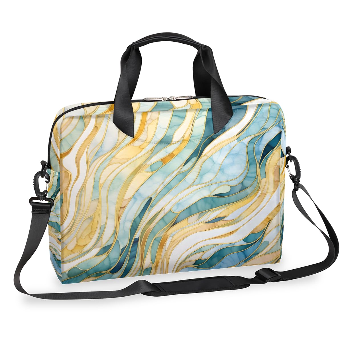 Borsa per computer portatile da 15,6 pollici turchese verde oro linea marmo custodia per laptop impermeabile borsa a tracolla per donne uomini, Nero