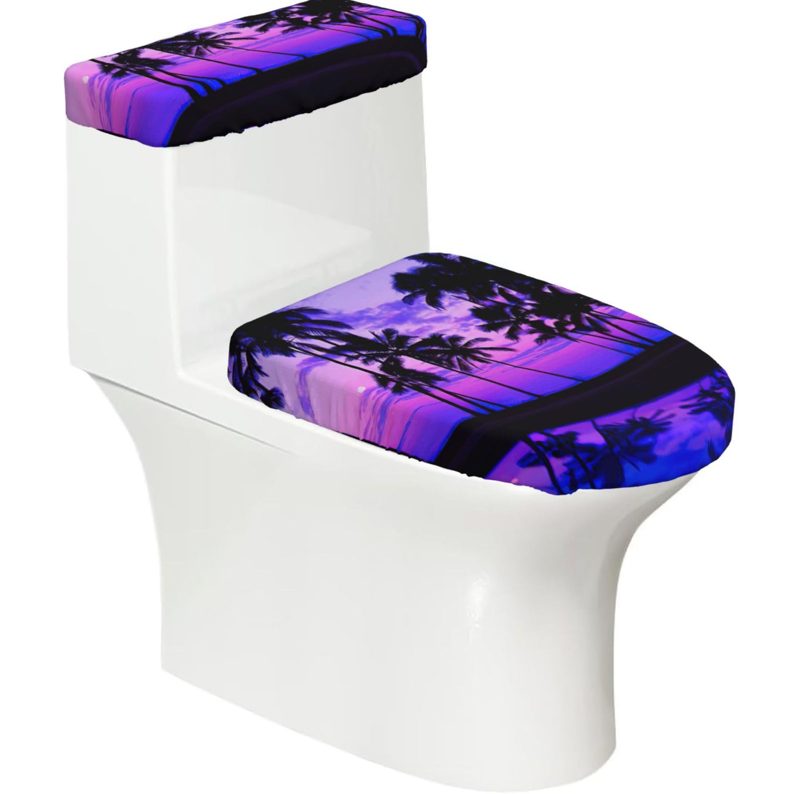 Palm Tree Purple Sunset Print 2-Piece Stretch Toilet Cover Set, Elastic Breathable Toilet Seat and Tank Lid Protector