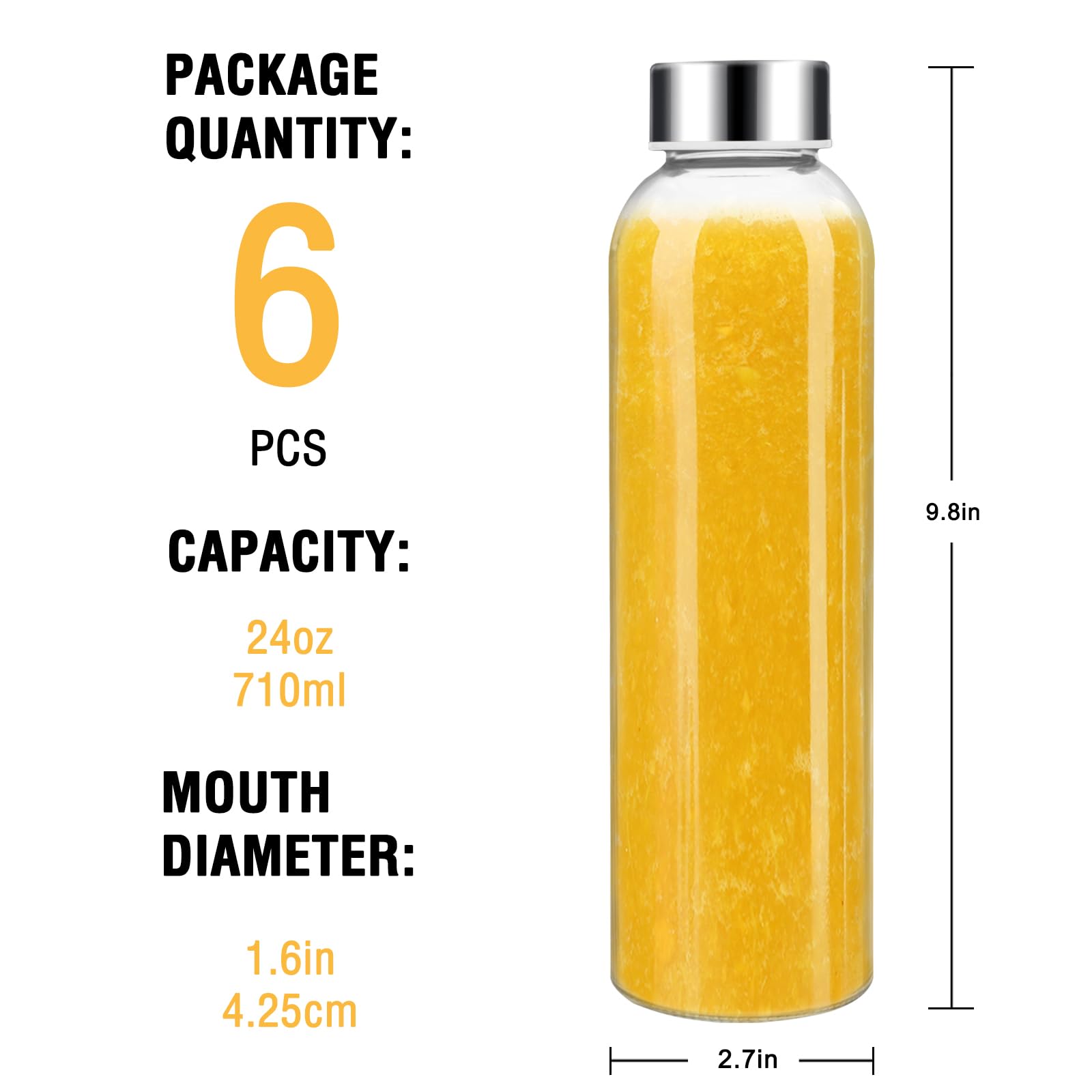 Sursip Juego de 6 botellas de agua de vidrio de 24 onzas, botella de jugo de vidrio transparente para exprimir, botellas reutilizables con tapa de acero inoxidable, recipientes de almacenamiento de