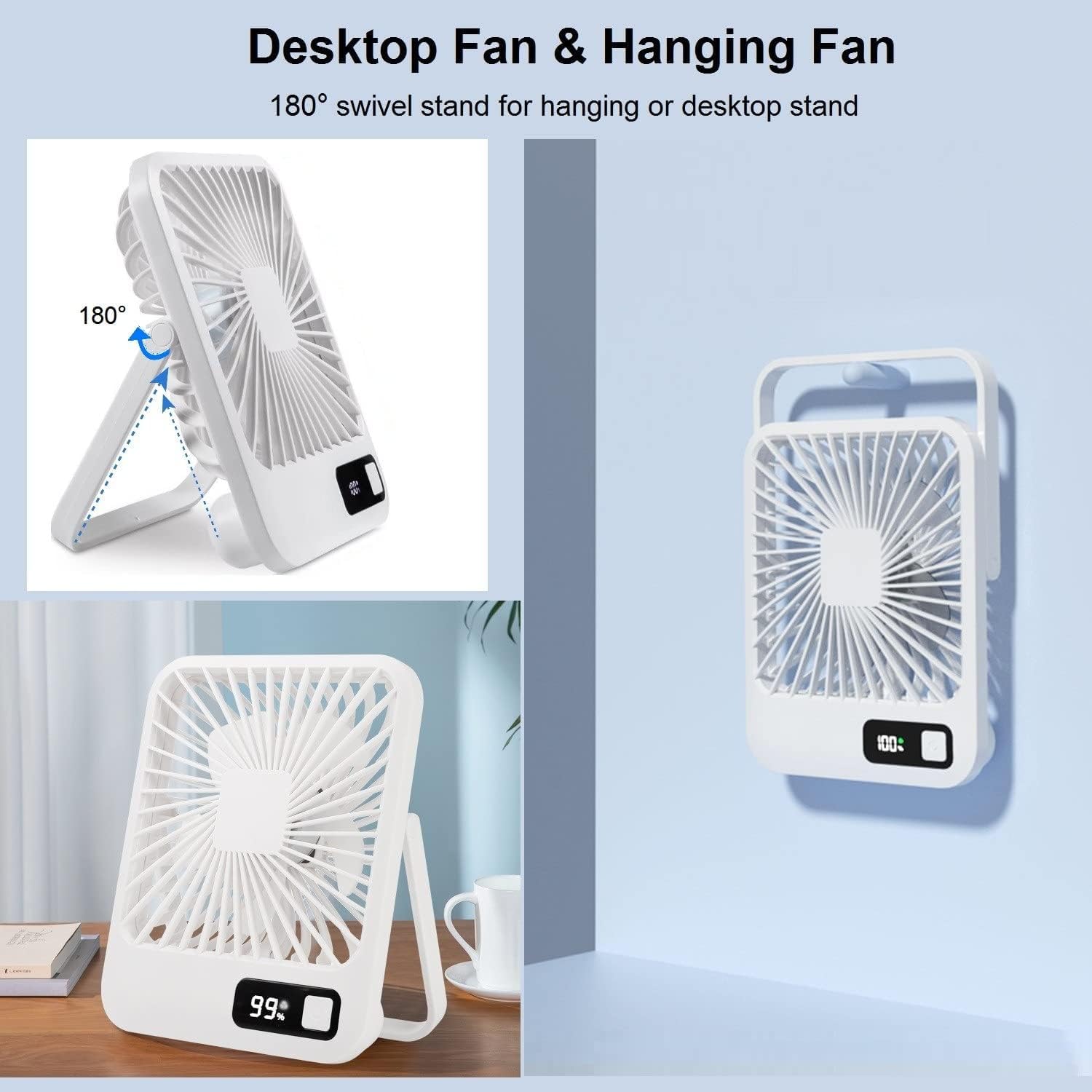 ZUMAHA Ventilatore Portatile Mini Ventilatore Regolabile a 5 velocità, Ventilatore da Tavolo inclinabile a 180°, Ventilatore Personale Portatile a Batteria Ricaricabile USB con Display a LED Multiuso