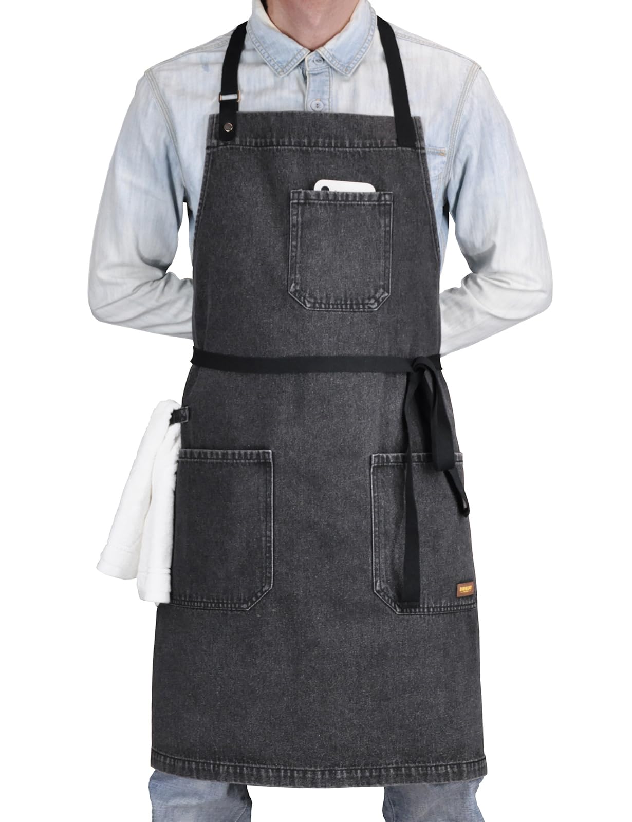 Delantal de chef profesional con bolsillos, delantal de mezclilla negro para cocina, cocina, parrilla, barbacoa, con lazo para toalla y correas ajustables para el cuello, Black Denim