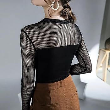 Women Patched Fishnet V-Neck Long Sleeve T-Shirts Tops