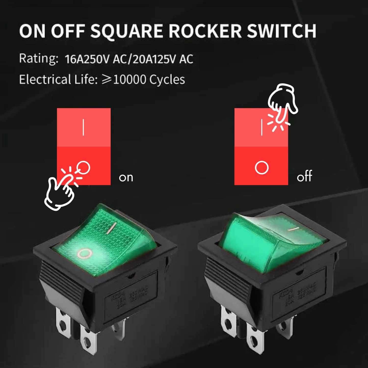 AUTOZOCO Interruptor Basculante DPST ON/OFF 4 pin, Interruptor Basculante DPST de Encendido y Apagado, Interruptor de Encendido/Apagado de Dos polos y Cuatro Terminales, 250 V - 16A, PVC, Luz Verde - imagen 2