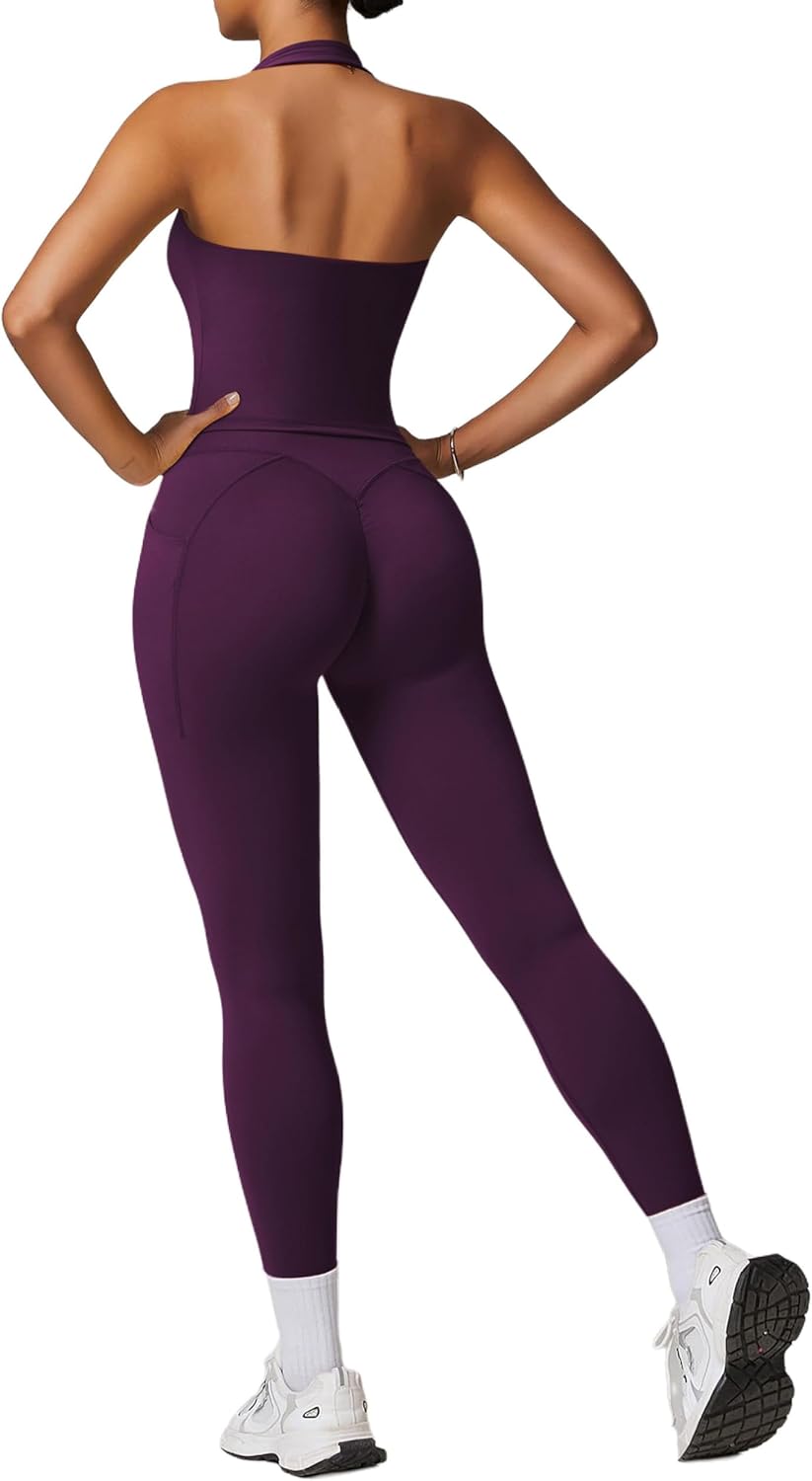 RXRXCOCO Open Back Workout Sets for Women 2 Piece Halter Tank Tops Hidden Scrunch Leggings Matching Set with Pockets