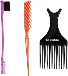 Kit Pente Cabelo Garfo Afro Black + Pente 3 Fileiras Fitagem + Baby Hair Sombrancelha Pentinho 2 em 1 - RJI Utilidades