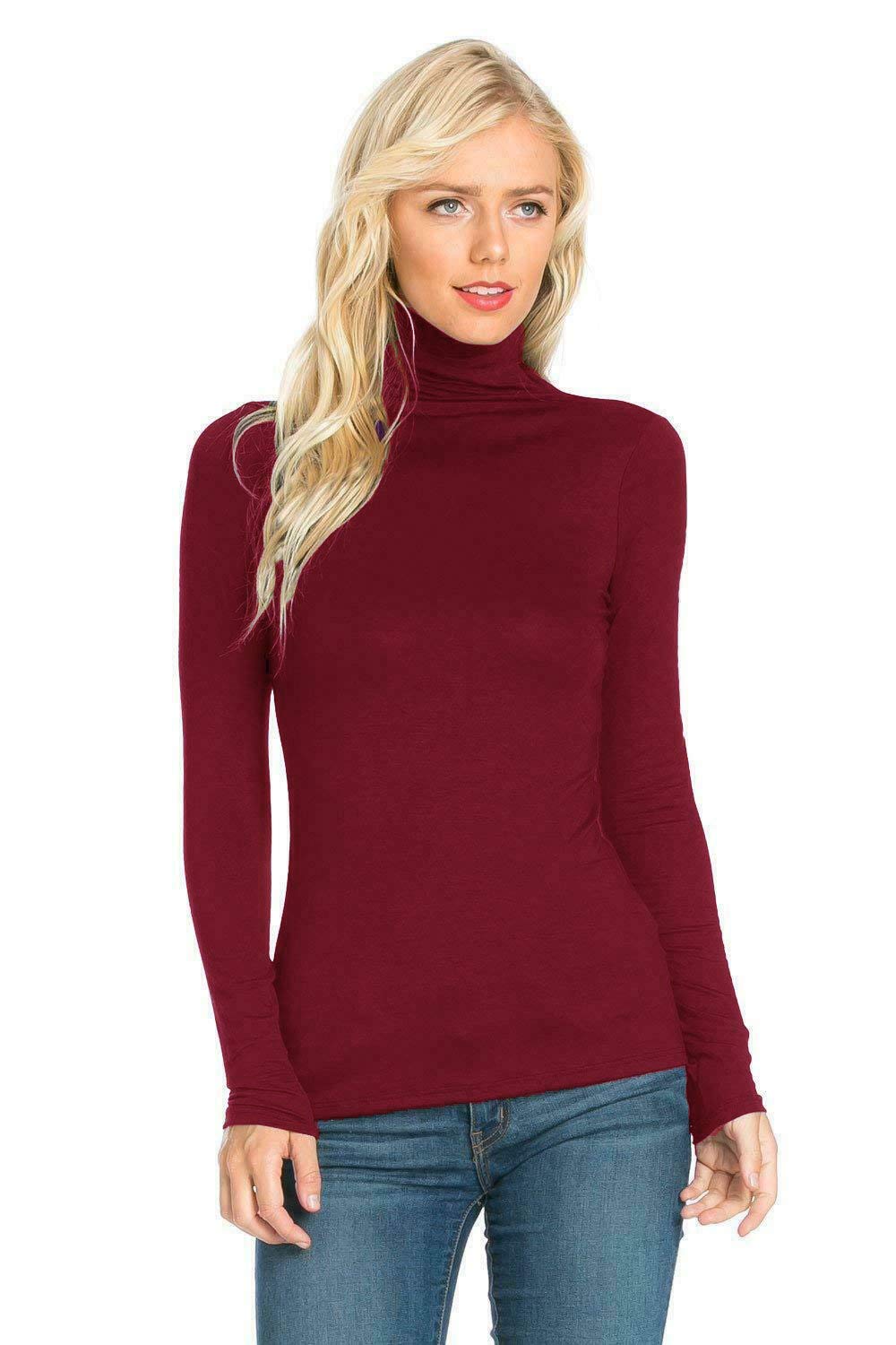 EMRE FASHION® Women's Polo Roll Neck Long Sleeve Turtle Neck Jumper - Ladies Plain Mockneck Casual Top (Wine, 12-14)