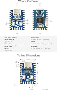 Waveshare RP2040-Zero with Pre-soldered Header High-Performance Pico-Like MCU Board Based On Raspberry Pi Microcontroller RP2040 Castellated Module Allows Soldering Direct to Carrier Boards-2pcs