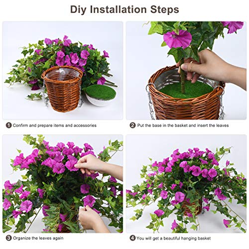 Hanging Basket With Artificial Vine Silk Petunia Flowers For Outdoor/Indoor,Artificial Hanging Plant In Basket,Morning Glories Coconut Lining Basket Hanging Plant For Patio Lawn Garden Decor (Purple) #TOP4