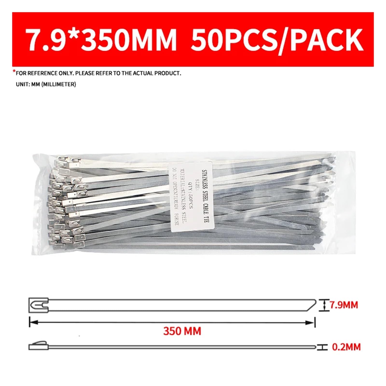 Fascette metalliche, Fascette fermacavo in acciaio inossidabile 304 for scarico, autobloccanti, 7,9x(150-500) mm, 50pz | 7.9x350mm