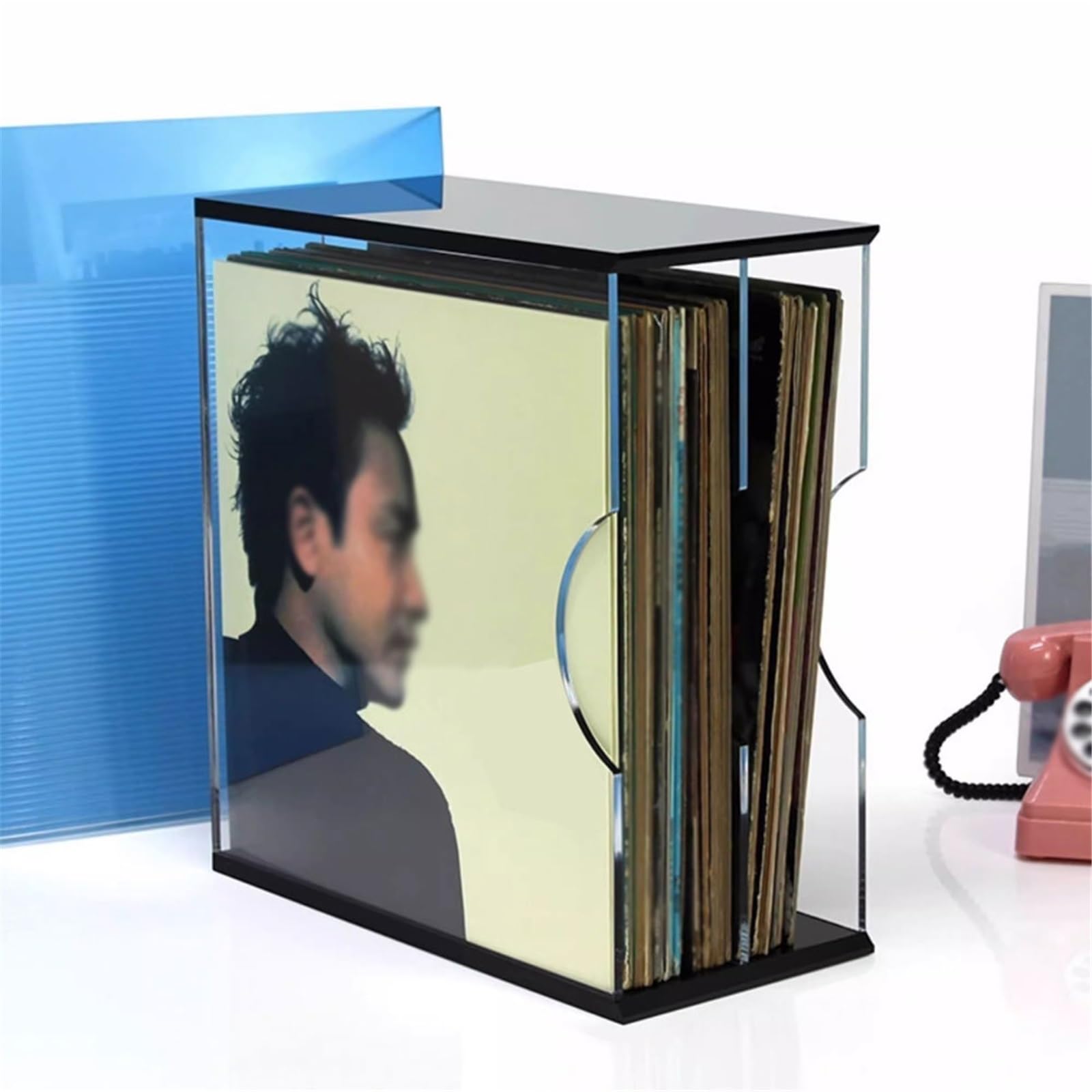 Scaffale per dischi in vinile a doppio scomparto, espositore per CD in acrilico per casa, contiene vinili e CD, soluzione organizzata per riporre oggetti