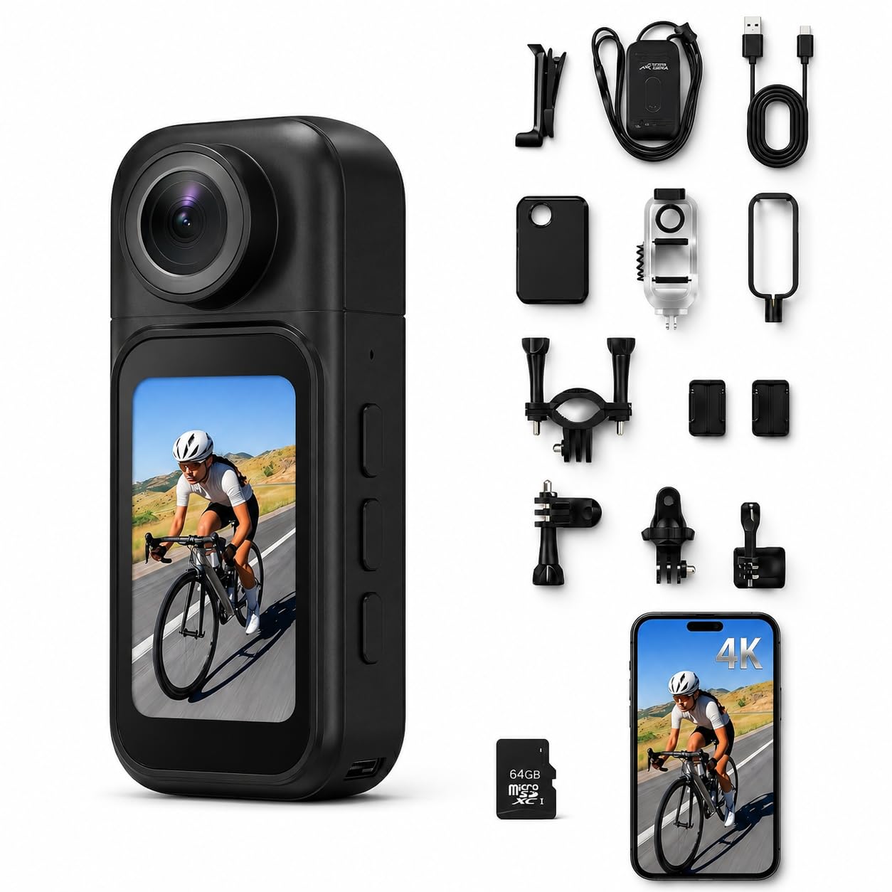 Action Cam 4K Bodycam 64GB, 1.47 Zoll Touch Display, Ladecase, Linse 180 Grad drehbar + 360 Grad Clip, Magnetische Halterung, 30m Wasserdicht, 3h Akku für Sport, Motorrad, Tauchen UVM.