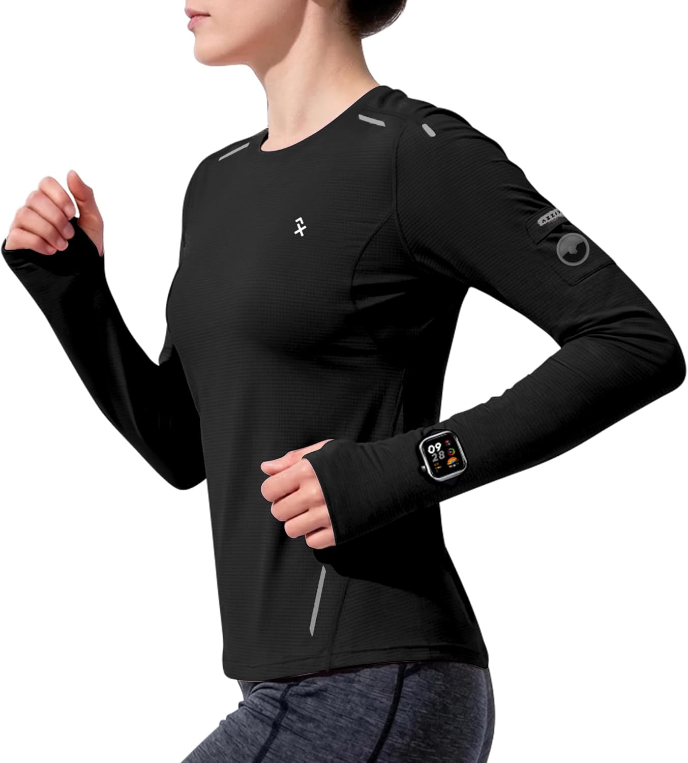 Long Sleeve Running Shirts for Women with Window Watch & Thumb Hole, Moisture-Wicking Reflective Workout Gym Tops Black