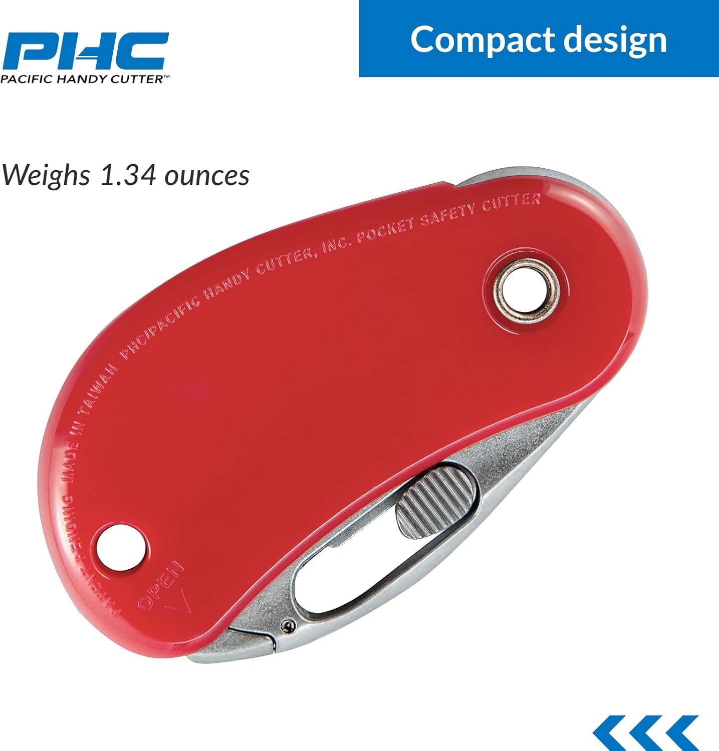 Pacific Handy Cutter PSC2 Pocket Safety Cutter Box of 12 Red Compact Design with Integrated Bladeless Tape Splitter Self-Retracting Safety Point Blade for Boxes Tape String Paper or Plastic PSC2-300