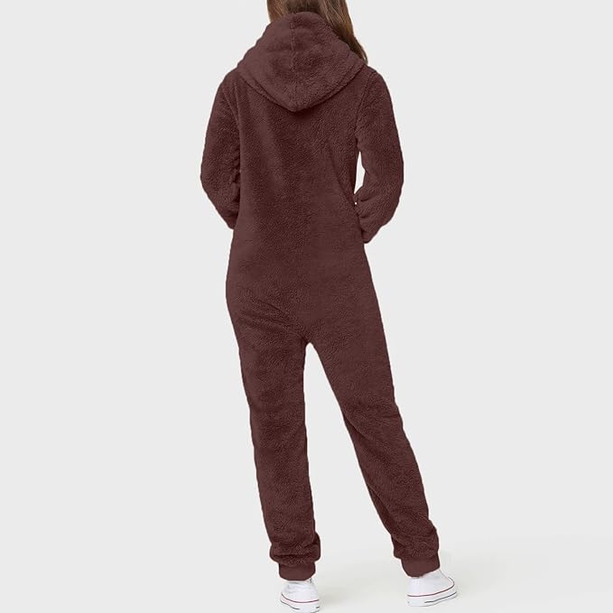 Pyjama Femme En Laine Artificielle Manches Longues Casual Couleur Unie Fermeture éclair Lâche Combinaison à Capuche Pyjama Casual Hiver Chaud Rompe Oreilles Mignon Femme Jumpsuit Dos Nu, Bleu, S