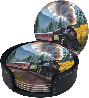Stylish Coasters - Steam Train Set of 6 Round Leather Drink Coasters with Holder - Perfect Size for Cups and Glasses
