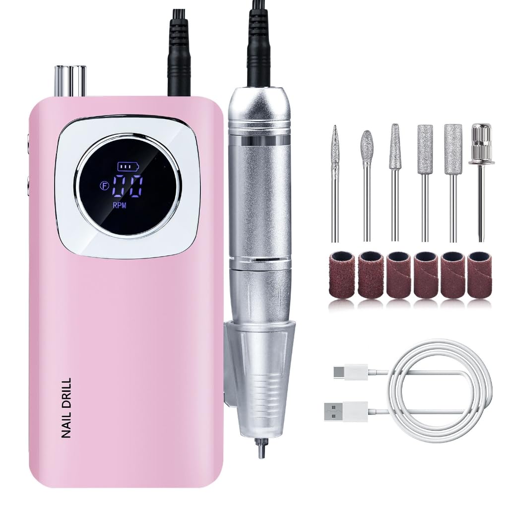 Electric Nail Drill, 45000rpm Portable Electric Nail File, Rechargeable Nail Drill with Bits & Base for Acrylic Gel Nails, Electric File Machine, Manicure Polishing for Home/Salon (Pink)
