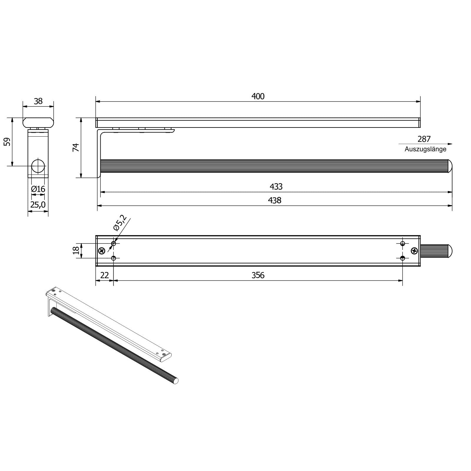 SOTECH Porte-Serviettes en Aluminium TED 1 Bras Noir Mat (450-730 mm, télescopique) Porte-Serviettes télescopique pour la Salle de Bains ou la Cuisine