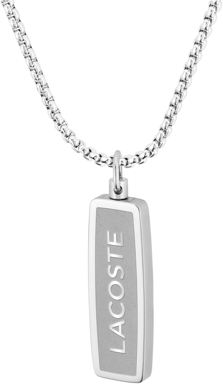 Lacoste District Necklace – Men’s Stainless Steel Box Chain with Logo Tag Pendant – Modern Jewelry Gift