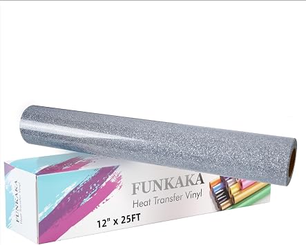 FUNKAKA Glitter Silver HTV Heat Transfer Vinyl Rolls, 12" x 25ft PU Iron on Vinyl for T-Shirt Silver Glitter HTV Vinyl for All Cutter Machines Easy to Cut & Weed for Heat Vinyl Design