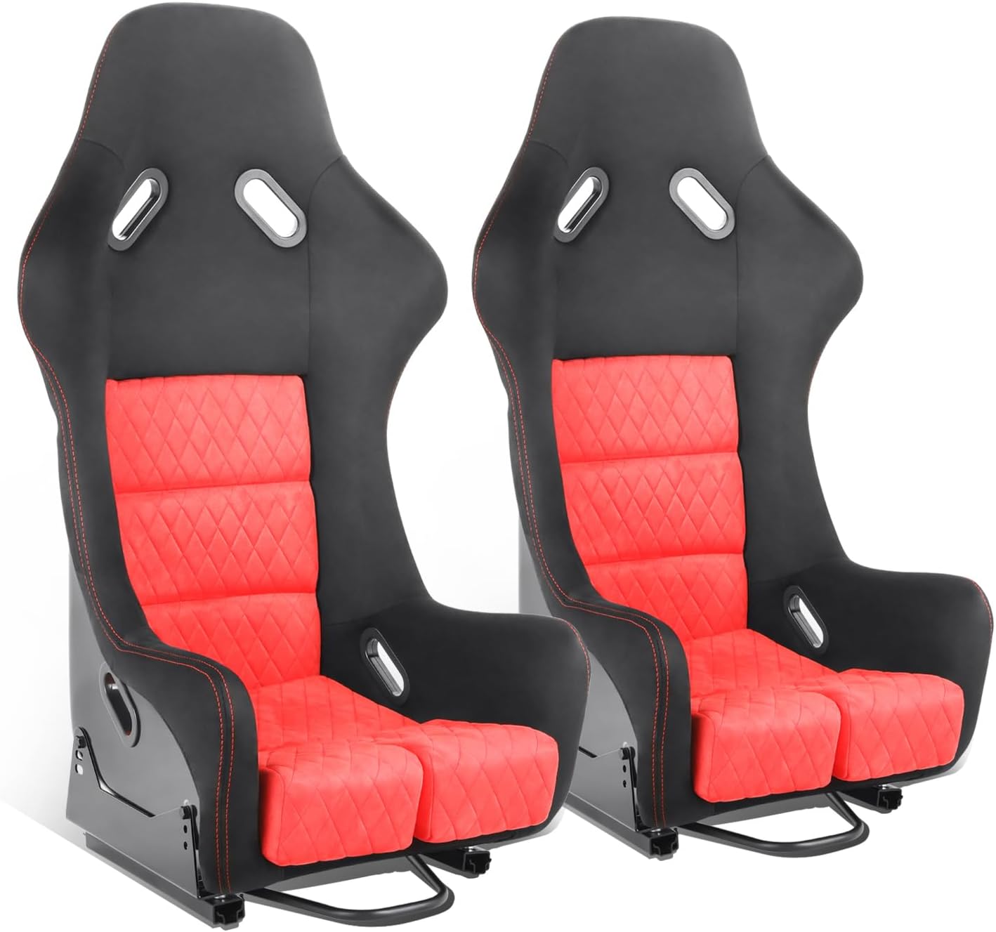 DNA MOTORING 2PCS Fixed Back Racing Bucket Seats with Dual Rails, Compatible with 5 Point Harness, Red Suede/White Stitching, RS-JBR-010-RD-RD
