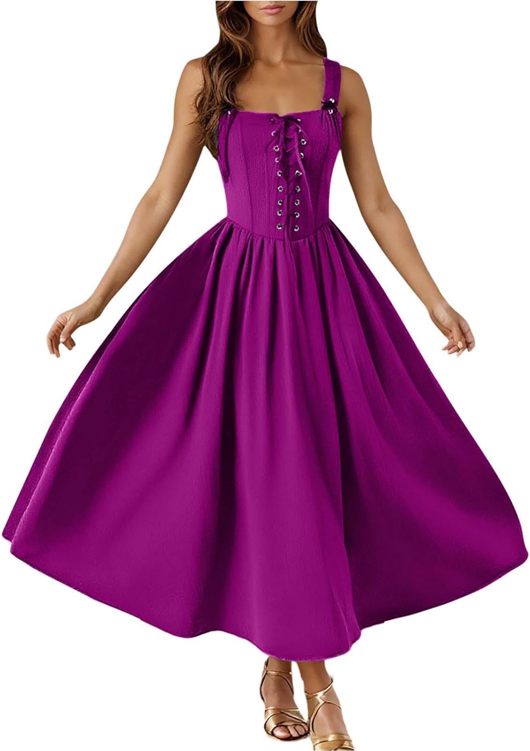 Renaissance Dress for Women Lace Up Cottagecore Sleeveless Hallowmas Medieval Costume Solid Color Summer Midi Dress
