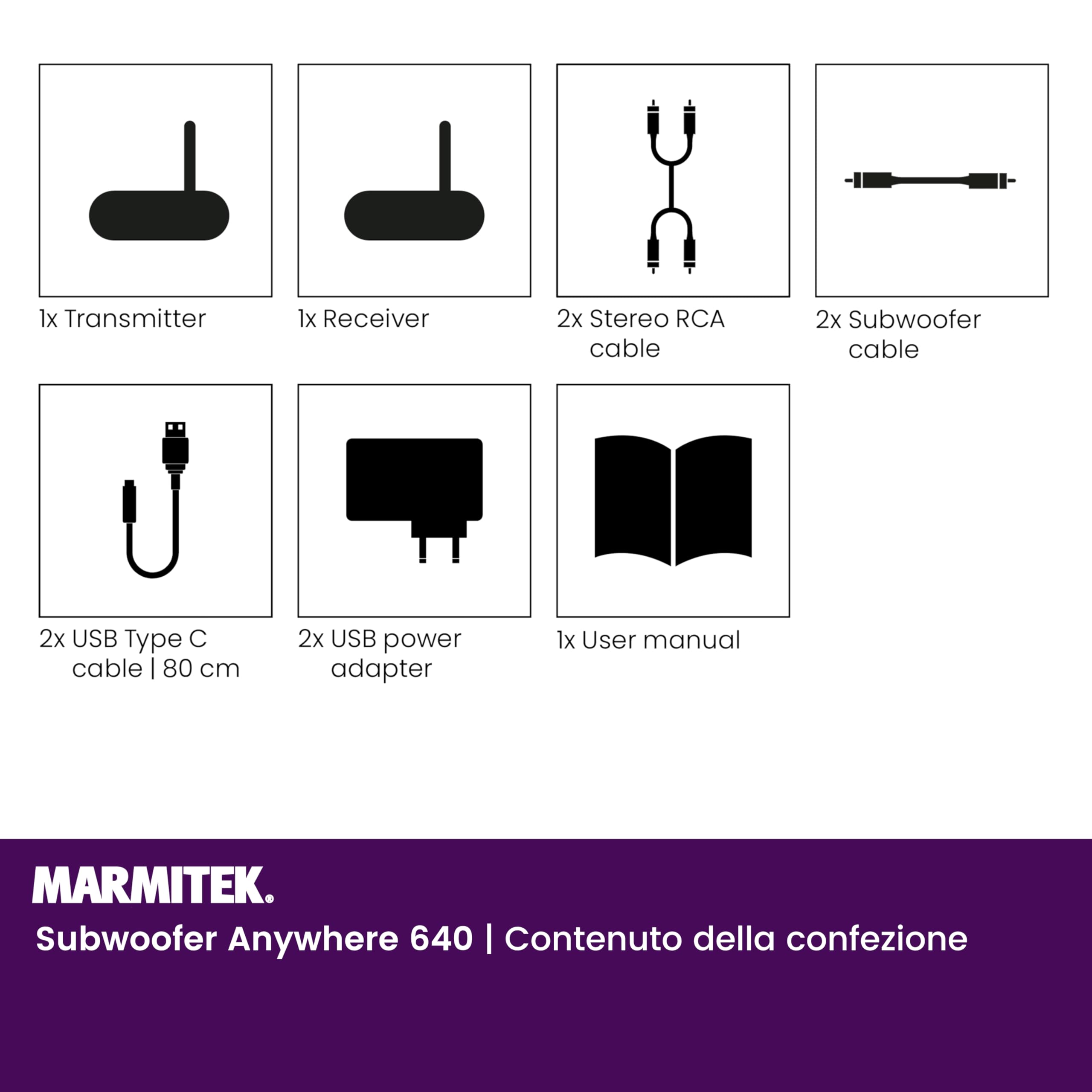 Kit subwoofer wireless Marmitek Subwoofer Anywhere 640 - Sub attivo via LFE/Line - Trasmissione digitale stabile, RCA dorati, auto standby - USB-C