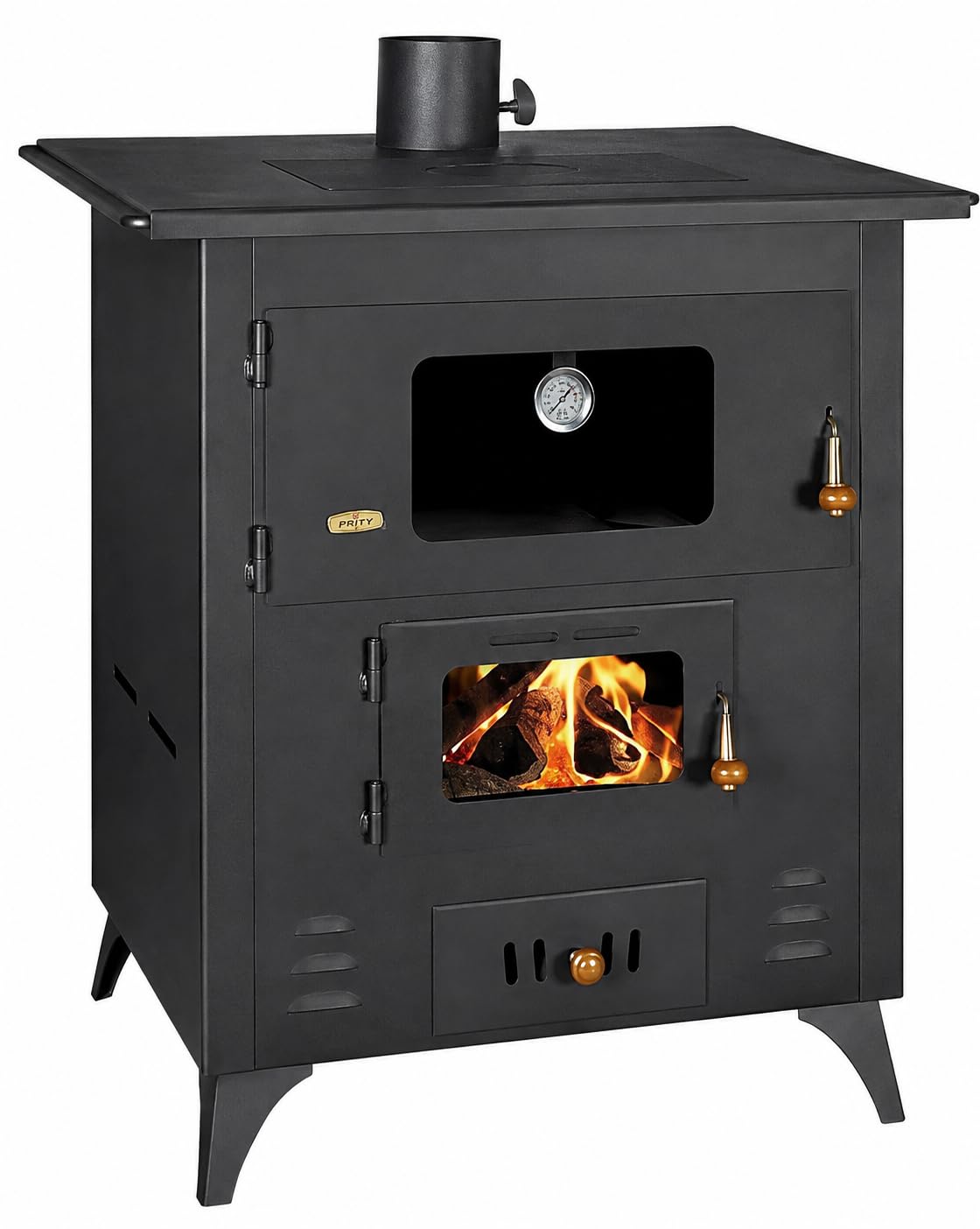 Prity 1P50R Four de cuisine avec plaque de cuisson, 14 kW, noir/graphite, bois, fonte, jusqu'à 79 m²