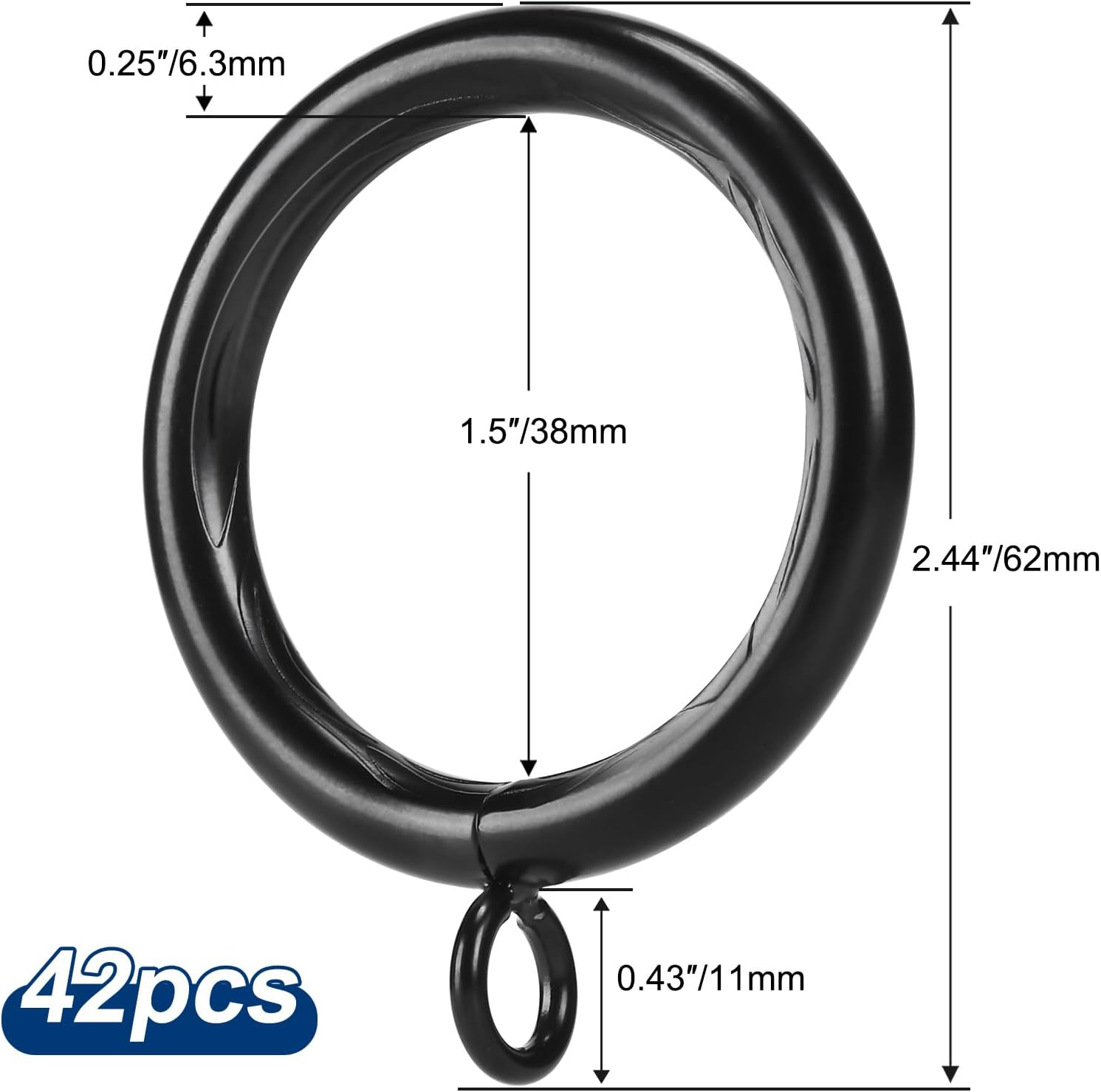 Thick Metal Carved Curtain Rings - 0.25"/6.3mm Ring, Intricately Engraved Design, 1.5" Inner Diameter, for Rods up to 1 1/4-Inch Rod (Black-42pcs)
