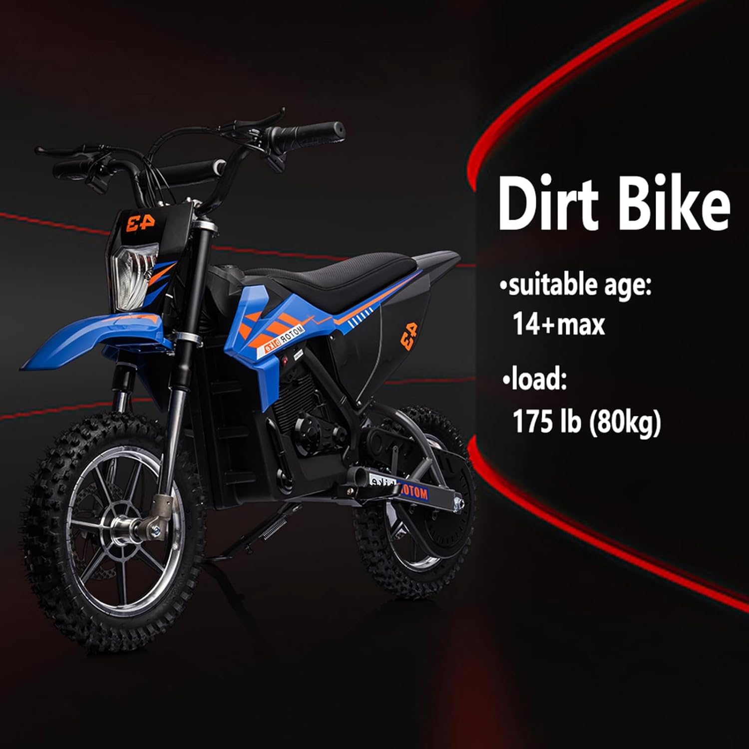 Image summarizing suitable age 14+ and max load 175 lbs (80kg) for the dirt bike.