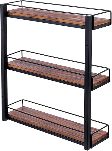 Miniatura 7 de MyGift Estante de especias montado en la pared de 3 niveles, metal negro y madera maciza quemada, coctelera de condimentos para colgar en la cocina,