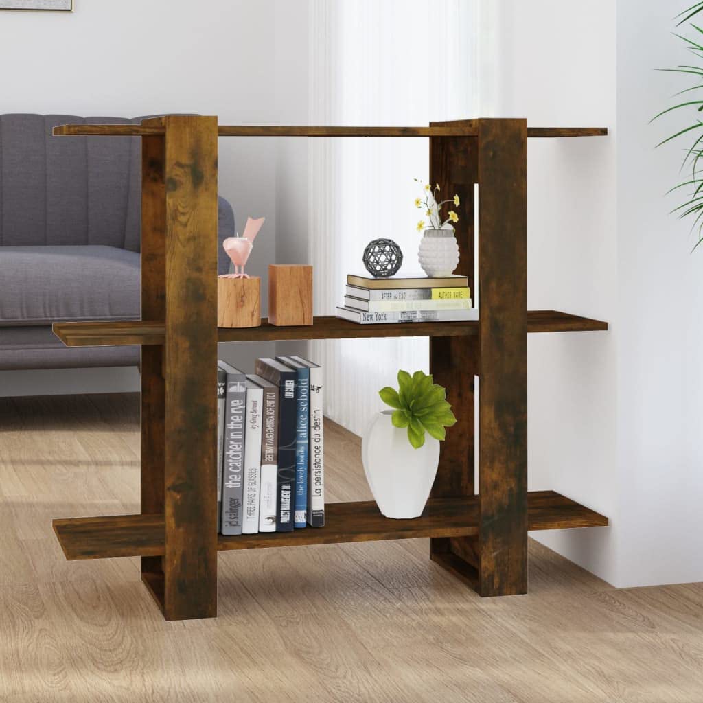 Libreria Divisorio Rovere Fumo in Legno Multistrato 100x30x87 cm | Scaffale autoportante universale per soggiorno e corridoio con 2 ampi ripiani aperti, finitura effetto legno di rovere.